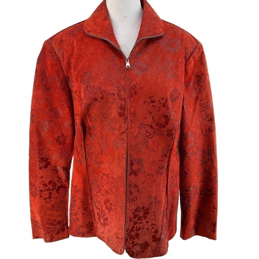 Designer SAX Vera Pelle Suede Leather Floral Zip Jacket Long Sleeve Size 54 L